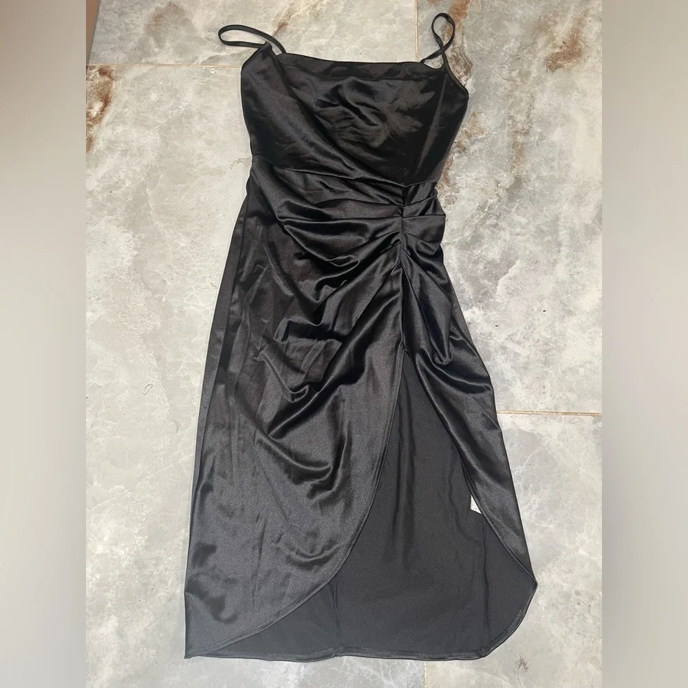Love Black Asymmetrical Ruched Strapless Gown - Picture 3 of 4